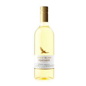 A 75cl bottle of WolfBlass Vineyards Pinot Grigio with a white label and gold foil cap on a plain white background.
