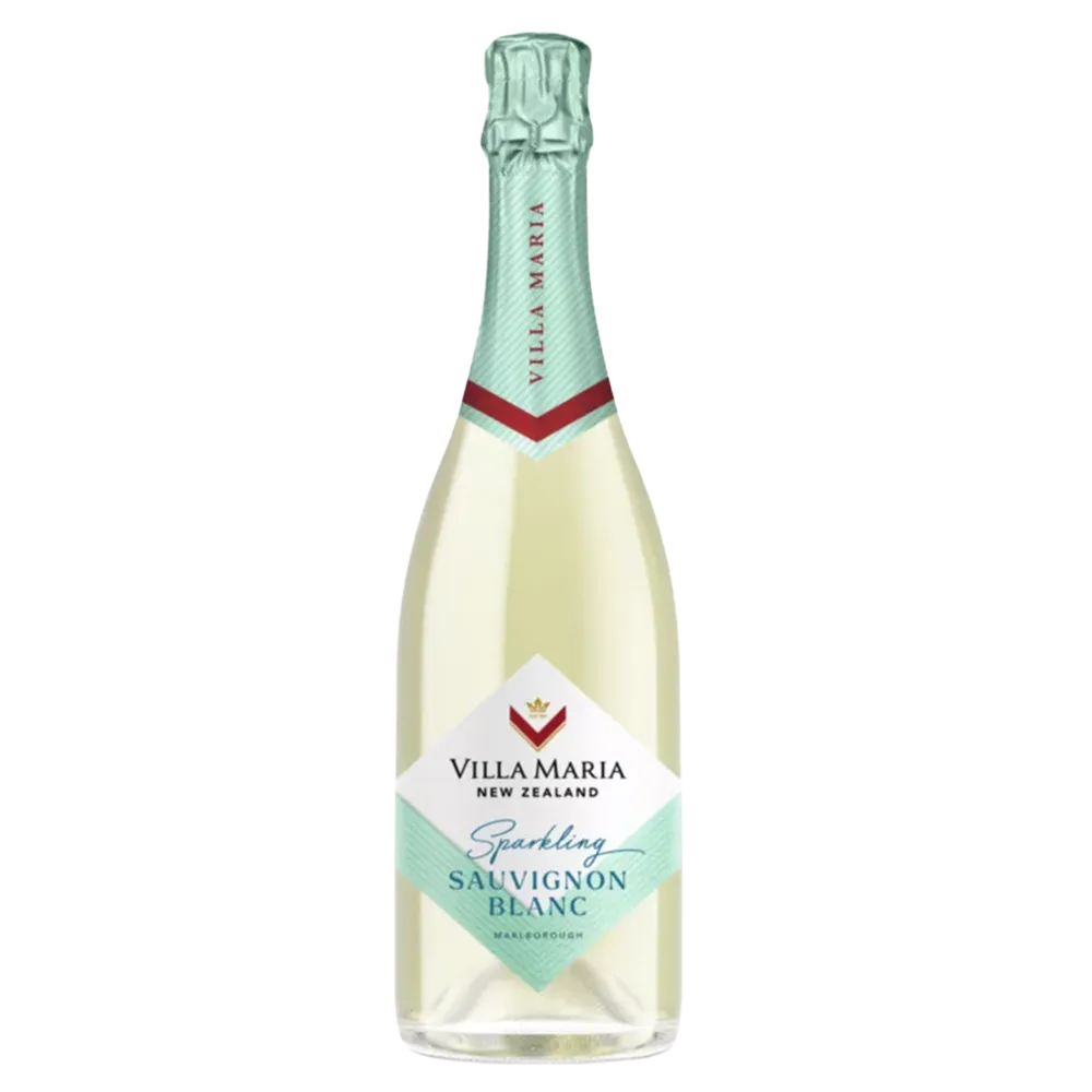 Bottle of Villa Maria Sparkling Sauvignon Blanc with a gold foil top and a white label featuring the brand's logo and name.