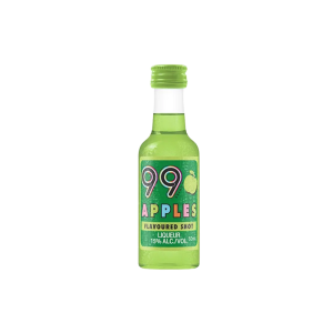 A 50ml bottle of 99 Apple Shot liqueur with a green apple graphic and bold red "99" on a white label.