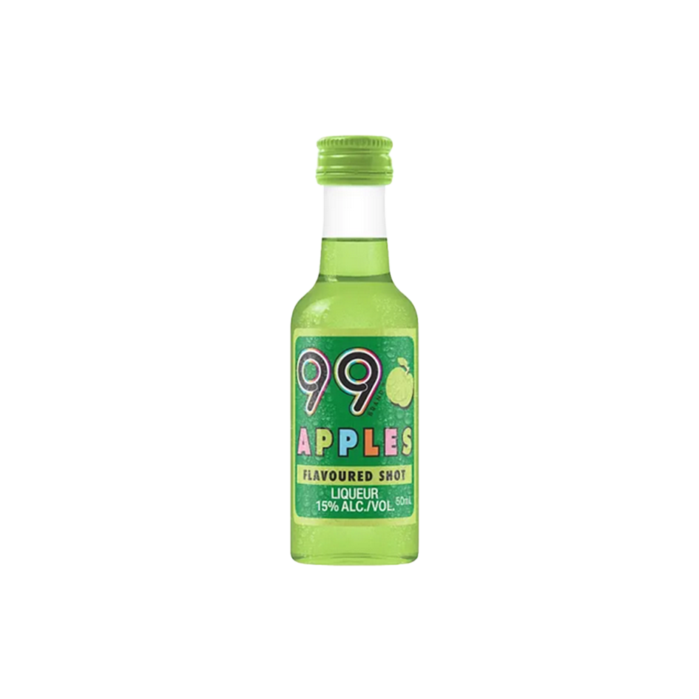 A 50ml bottle of 99 Apple Shot liqueur with a green apple graphic and bold red "99" on a white label.