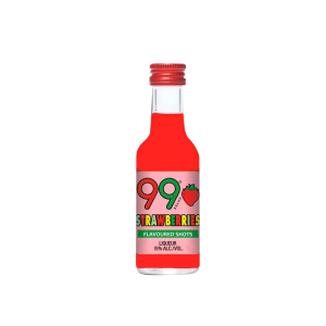 Small 50ml bottle of 99 Strawberry Shot, featuring a red label with strawberry graphics and white text. Alcohol percentage noted.