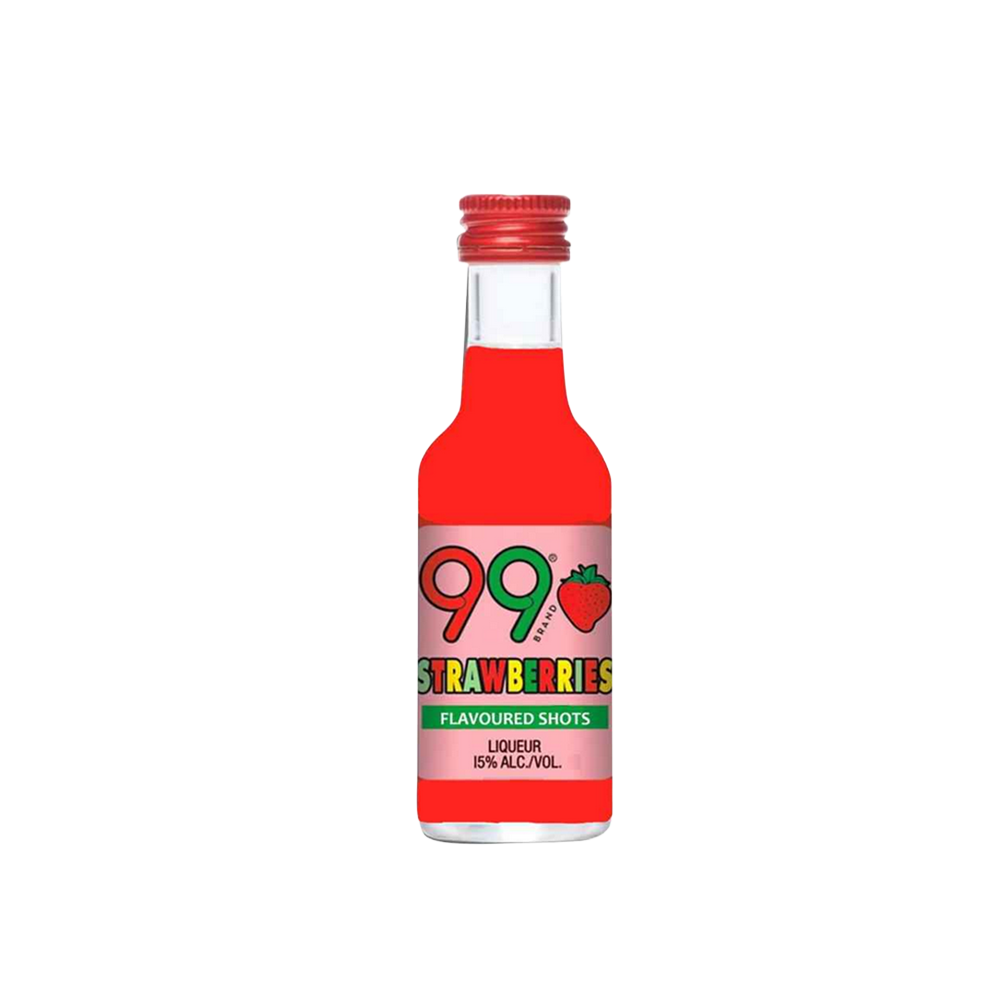 Small 50ml bottle of 99 Strawberry Shot, featuring a red label with strawberry graphics and white text. Alcohol percentage noted.