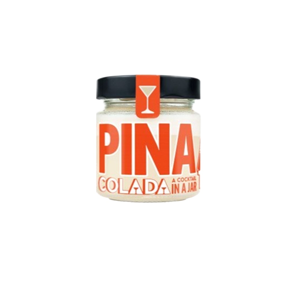 A 120ml bottle of Jar Tails Pina Colada cocktail mix with a yellow and white label, set against a plain background.