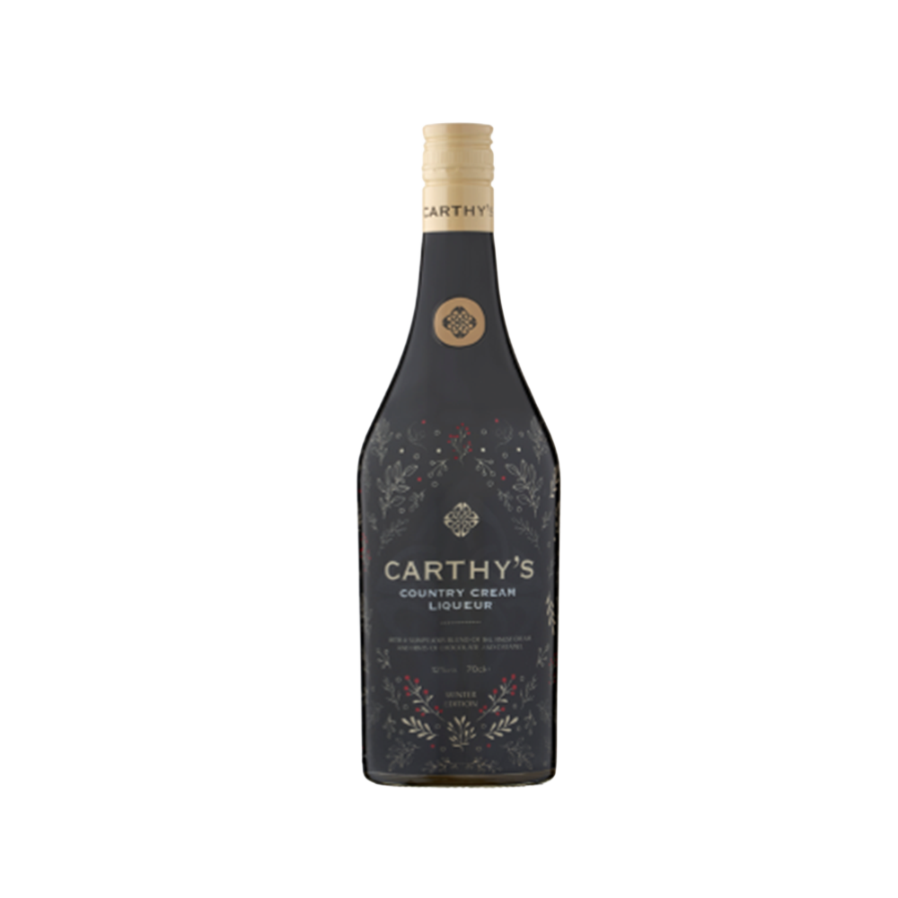Bottle of Carthy's Country Cream, 70cl, with a cream liqueur label, featuring a scenic countryside illustration.