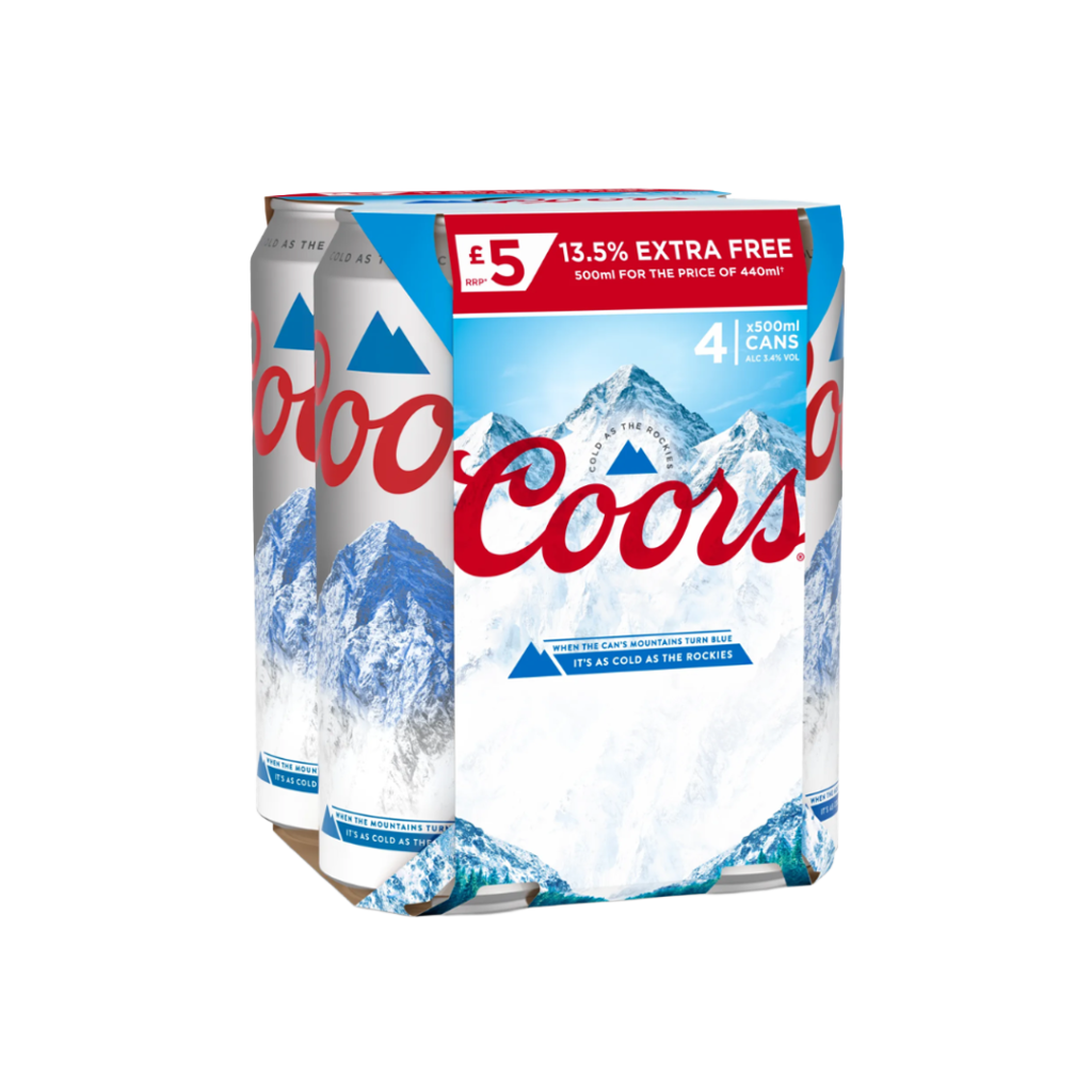 Four 500ml cans of Coors beer, featuring a blue and silver design with the Coors logo and a mountain illustration.