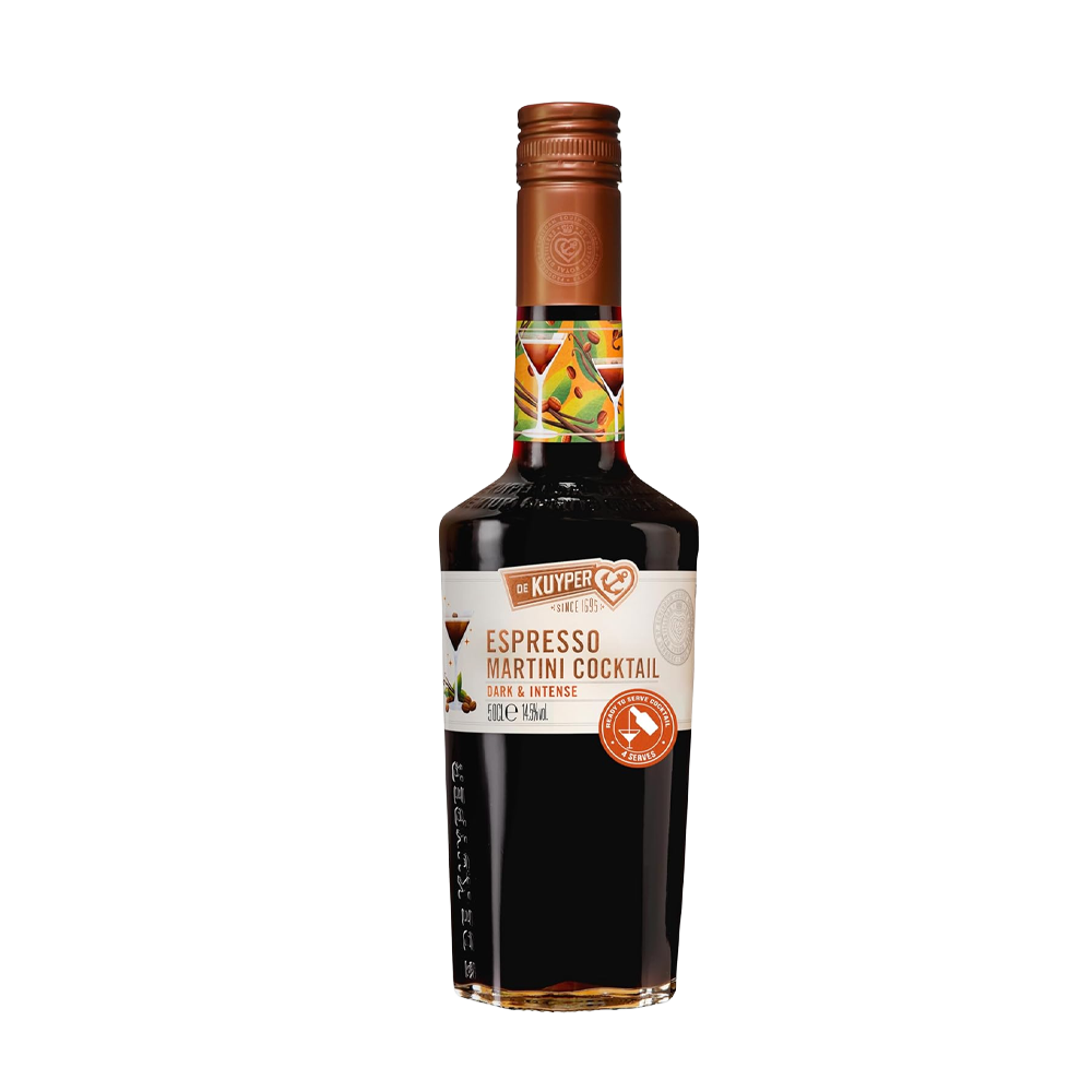 Bottle of Kuypers Espresso Martini cocktail, featuring a dark liquid and a copper-coloured cap.