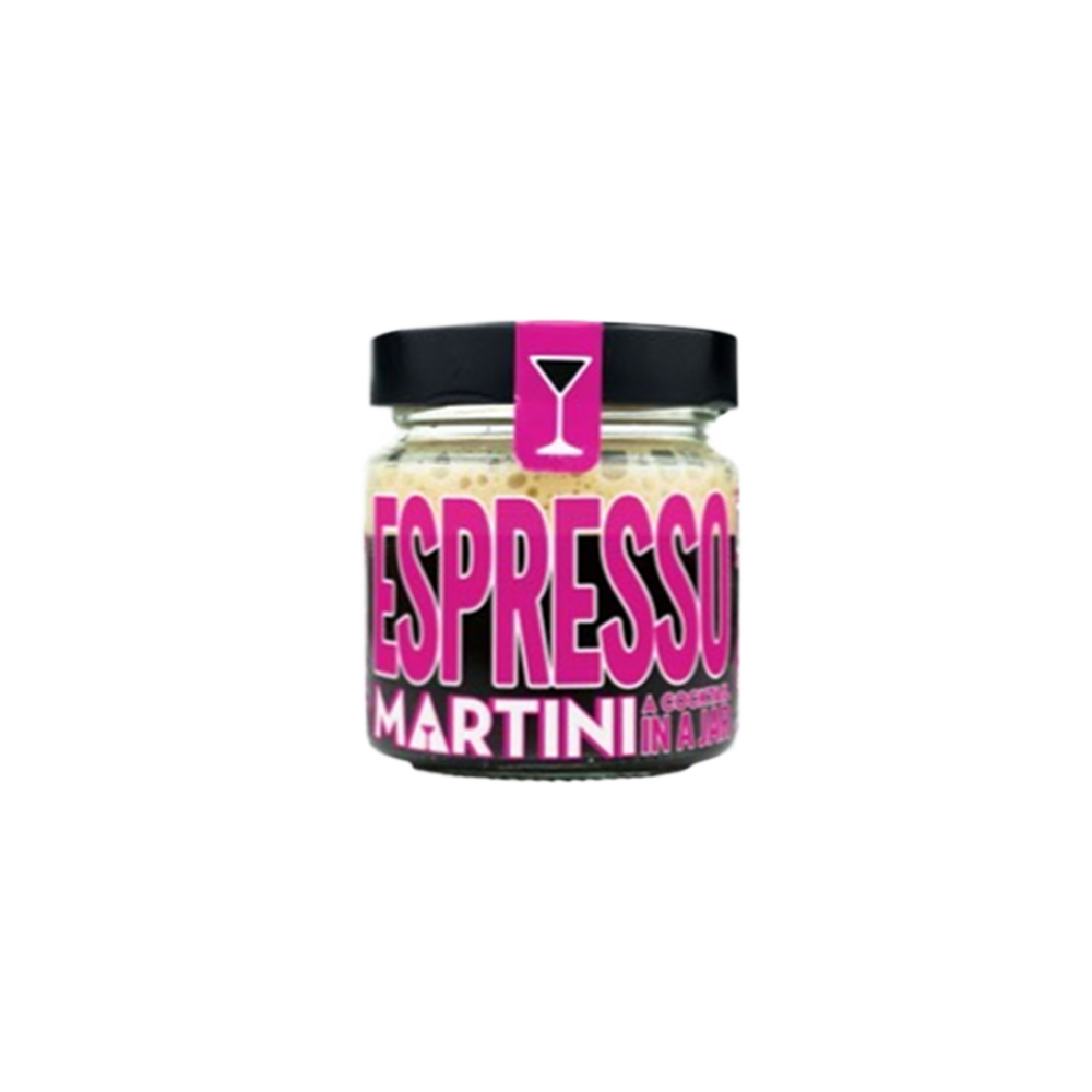 A 120ml glass bottle of Jar Tails Espresso Martini with a black label, featuring a gold logo and cocktail description.