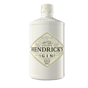 A bottle of Hendrick's Gin with a white label, featuring ornate designs and a diamond shape, 41.4% ABV, 700ml.