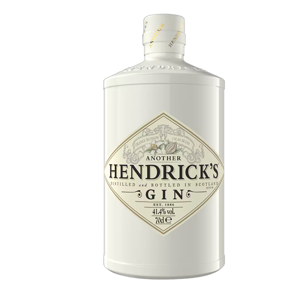 A bottle of Hendrick's Gin with a white label, featuring ornate designs and a diamond shape, 41.4% ABV, 700ml.