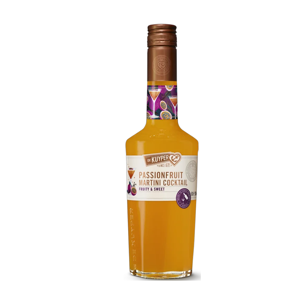 A bottle of De Kuyper Passionfruit Martini Cocktail, featuring a fruity and sweet design with a purple label.