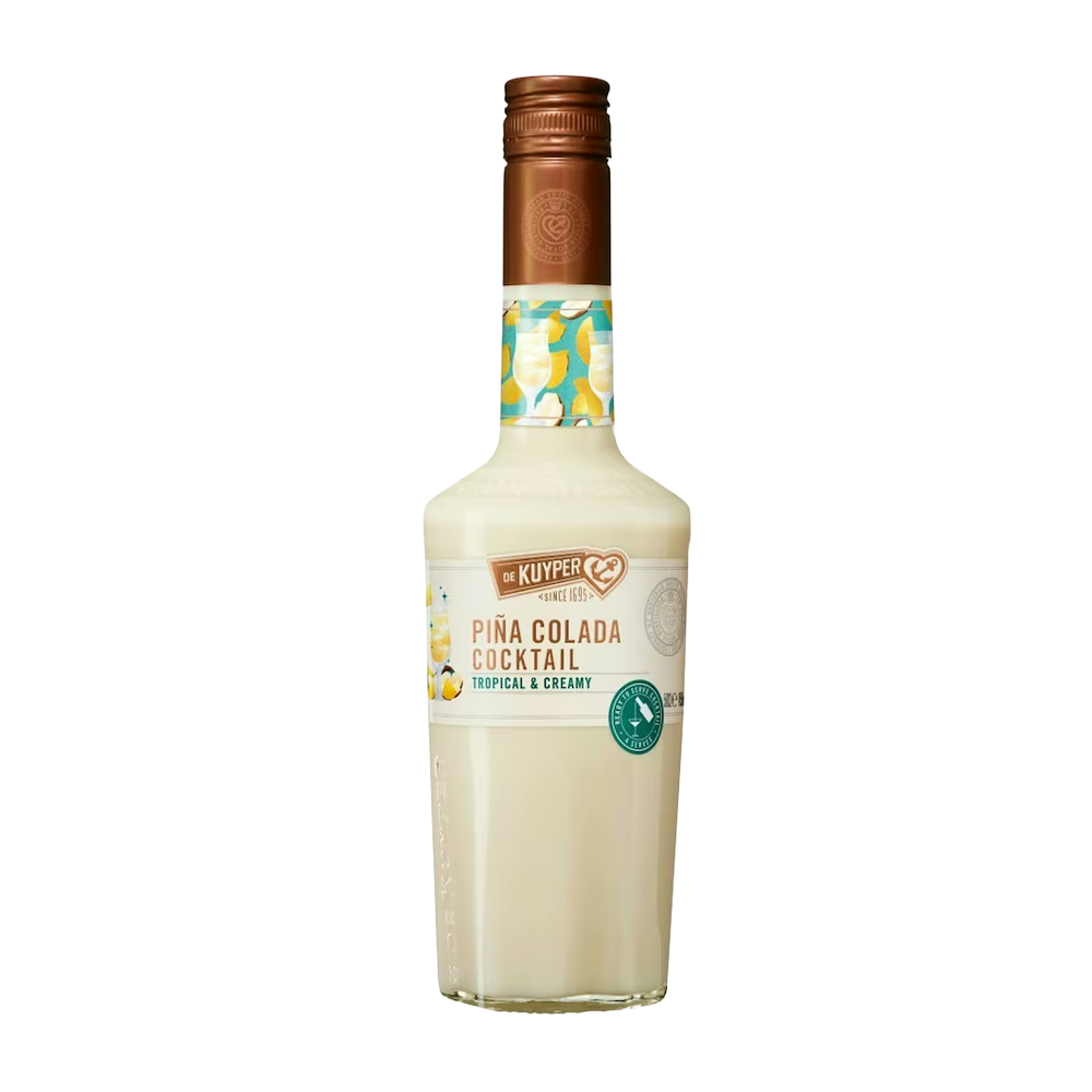 Bottle of Kuypers Piña Colada cocktail mix, featuring a tropical design and creamy white liquid.