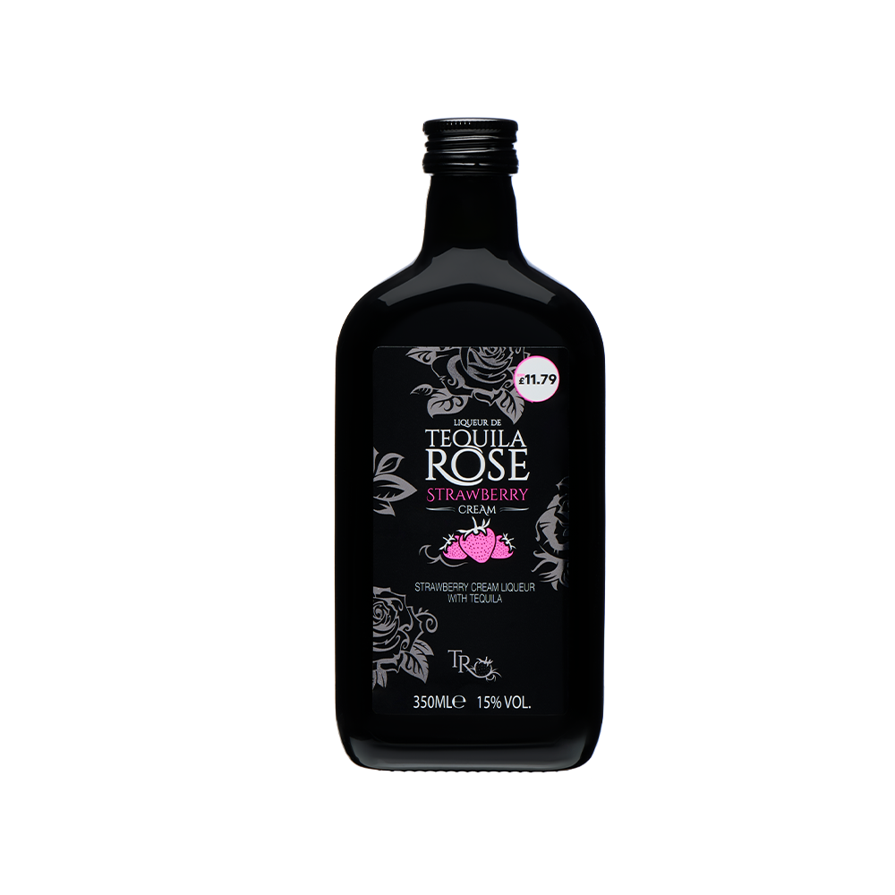 A 35cl bottle of Tequila Rose, featuring a black label with pink accents and a pink rose graphic, against a white background.