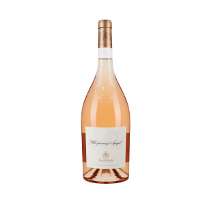 A 1.5-litre bottle of Whispering Angel rosé wine with a light pink label and golden cap.