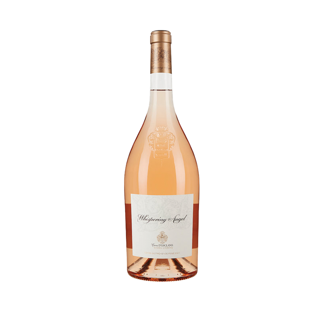 A 1.5-litre bottle of Whispering Angel rosé wine with a light pink label and golden cap.