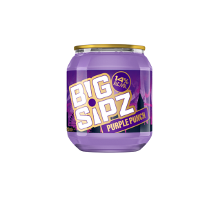 A 200ml bottle of Big Sipz Purple Punch drink with a purple label and a twist-off cap.