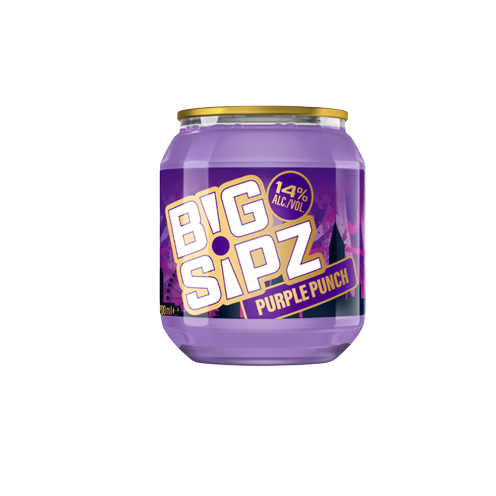 A 200ml bottle of Big Sipz Purple Punch drink with a purple label and a twist-off cap.