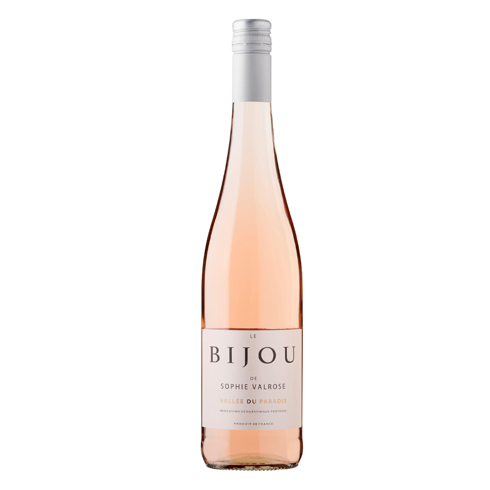 A 75cl bottle of Le Bijou De Sophie Valrose Rosé wine with a light pink hue and a minimalist white label featuring elegant text.