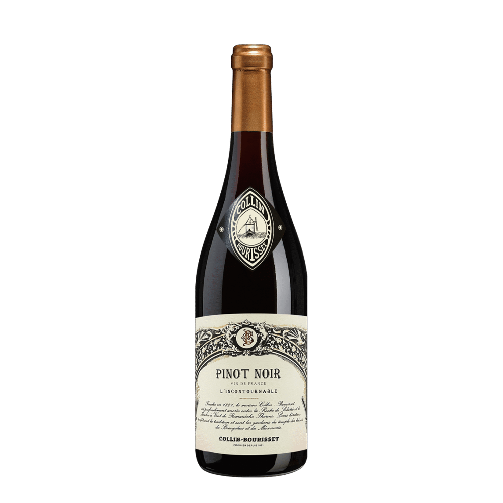 Bottle of Collin Bourisset Vin De France Pinot Noir, 75cl, with a red and cream label featuring vineyard imagery and text.