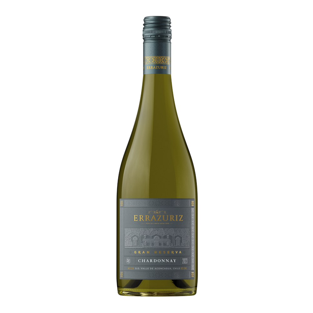 Bottle of Errazuriz Gran Reserva Chardonnay, 75cl, with a gold foil neck and a green and cream label on a light background.
