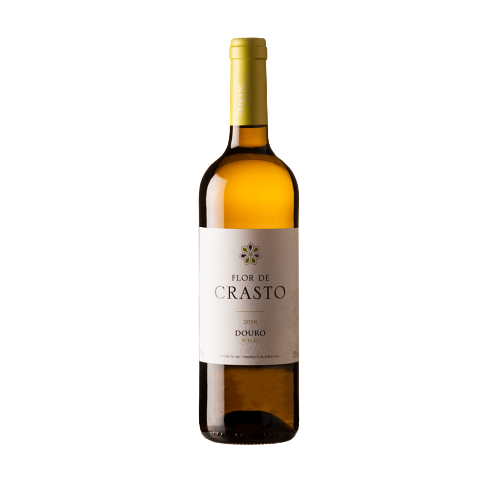 A 75cl bottle of Quinta Flor De Crasto White wine with a white label featuring gold and black text, set against a plain background.