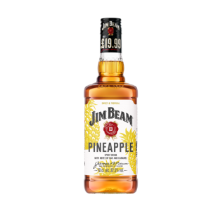 A 70cl bottle of Jim Beam Pineapple flavoured whiskey, featuring a yellow and black label with an illustration of a pineapple.