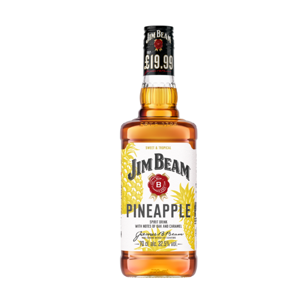 A 70cl bottle of Jim Beam Pineapple flavoured whiskey, featuring a yellow and black label with an illustration of a pineapple.