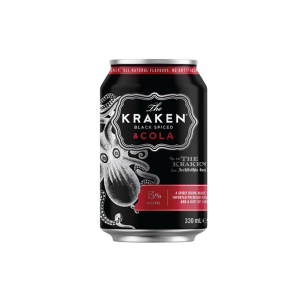 A 330ml can of Kraken and Cola, featuring a black design with a white Kraken logo and text.