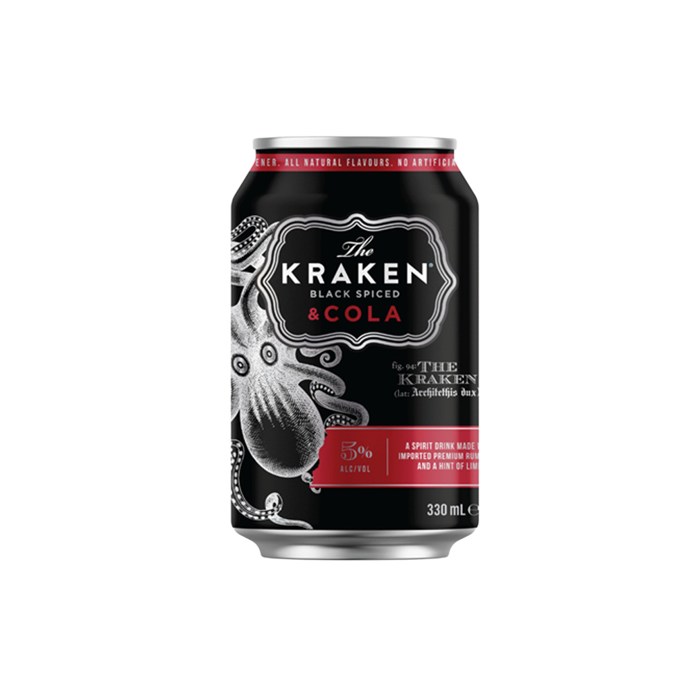 A 330ml can of Kraken and Cola, featuring a black design with a white Kraken logo and text.
