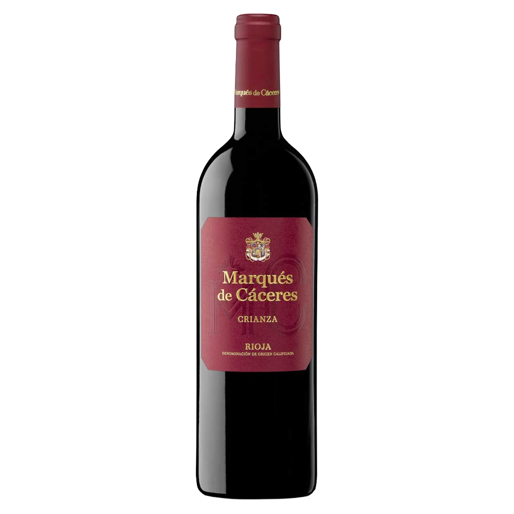 Bottle of Marques De Caceres Rioja Crianza red wine, 75cl, with a red label and gold accents, on a plain white background.