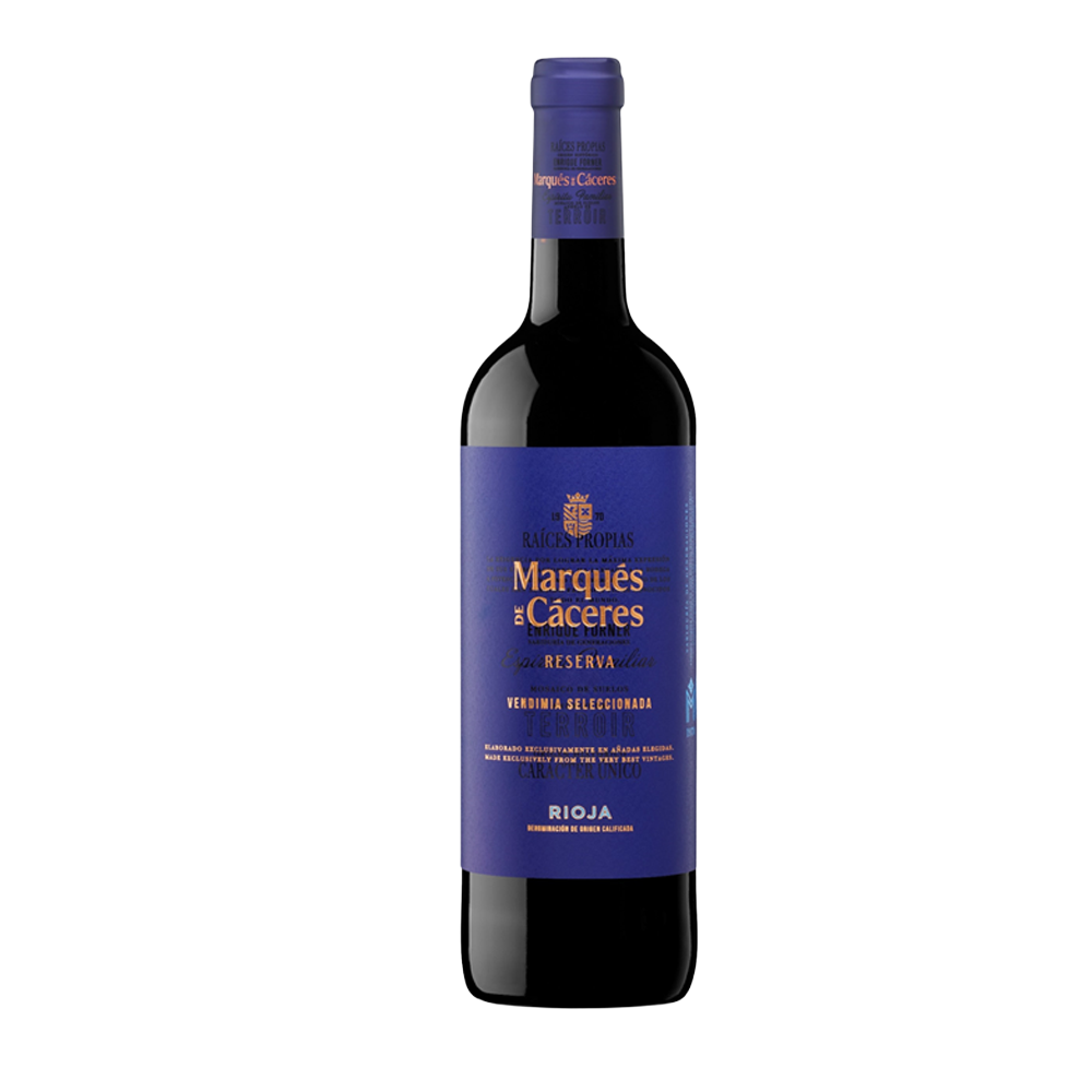 Bottle of Marques De Caceres Rioja Reserva red wine, 75cl, with a red and gold label and a foil-wrapped neck.