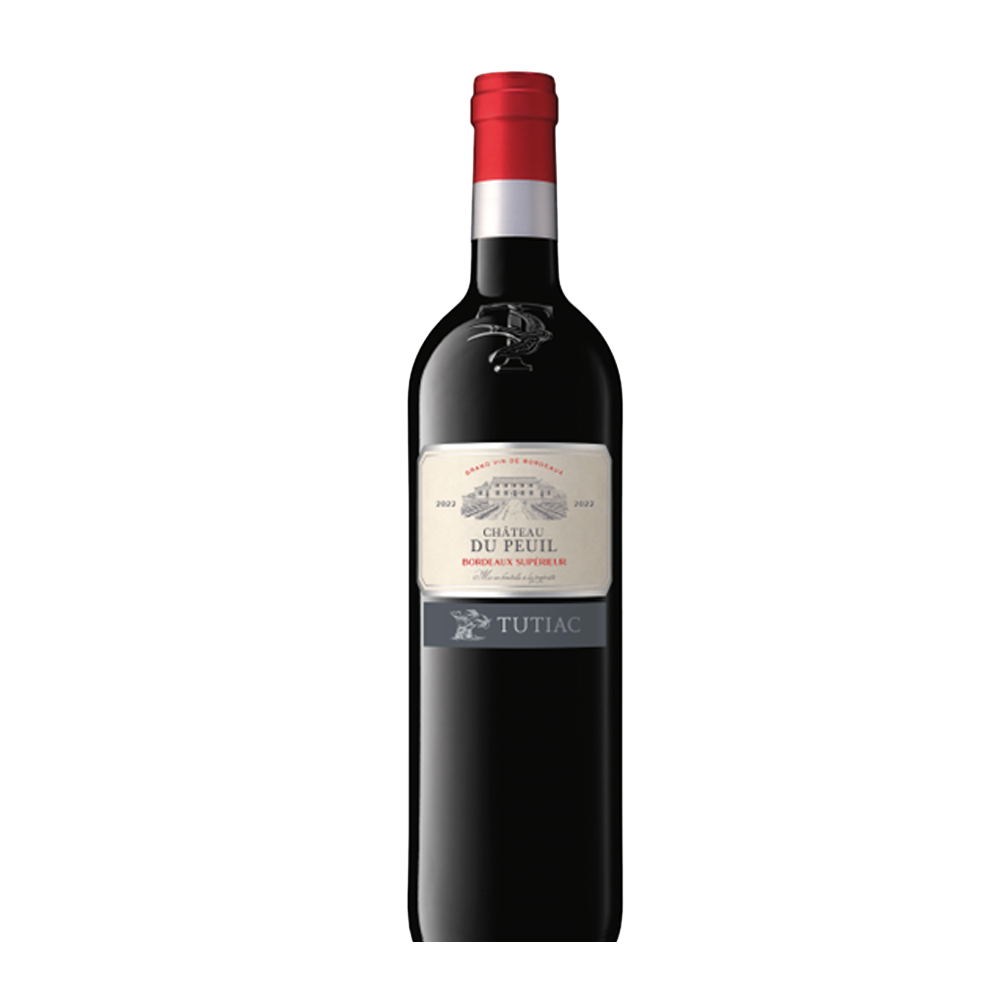 Bottle of Château De Peuil 2022 AOP Bordeaux Supérieur red wine, 75cl, with a dark label and gold accents on a white background.