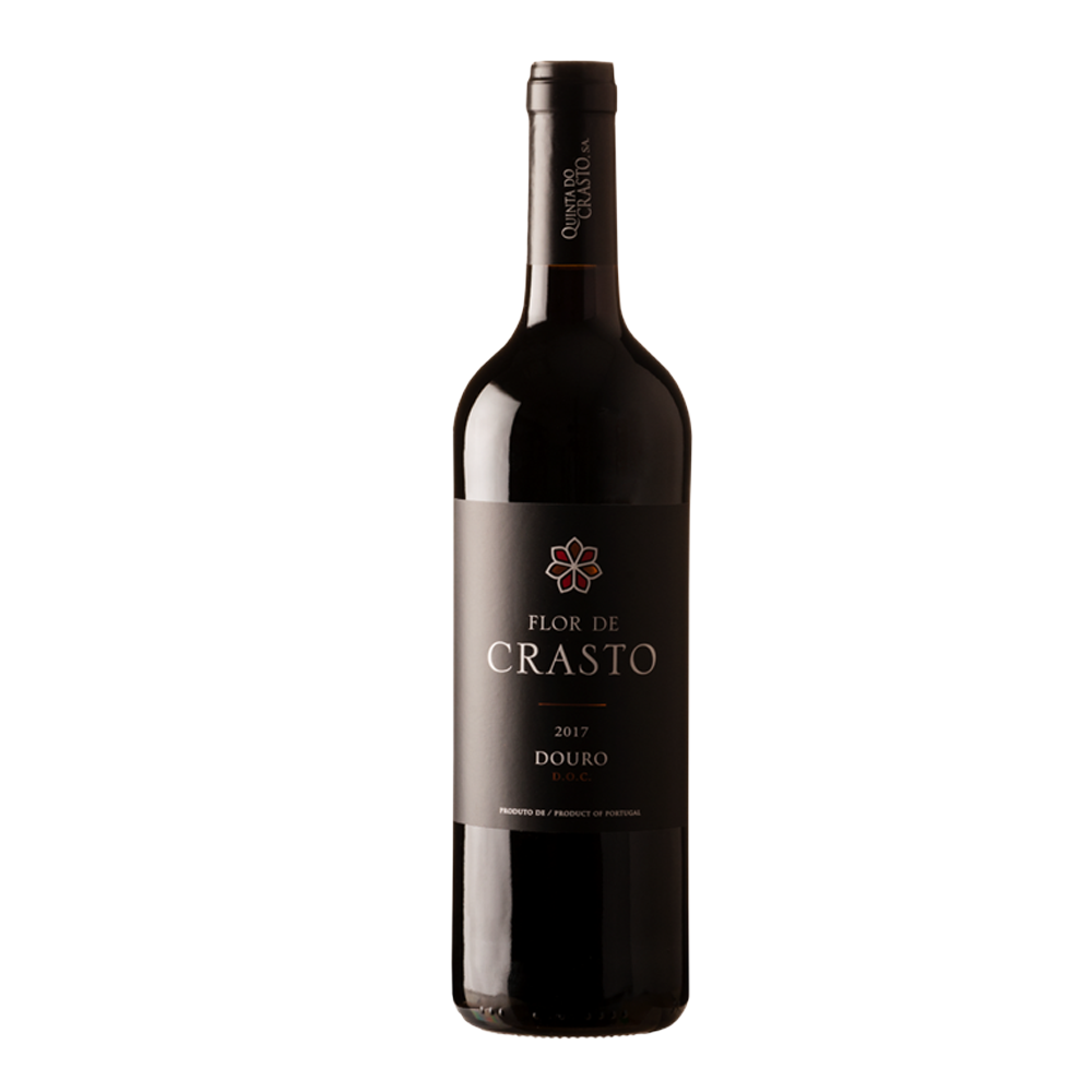 Bottle of Quinta Flor De Crasto Red wine, 75cl, with a dark glass body, a red and gold label, and a matching foil capsule.