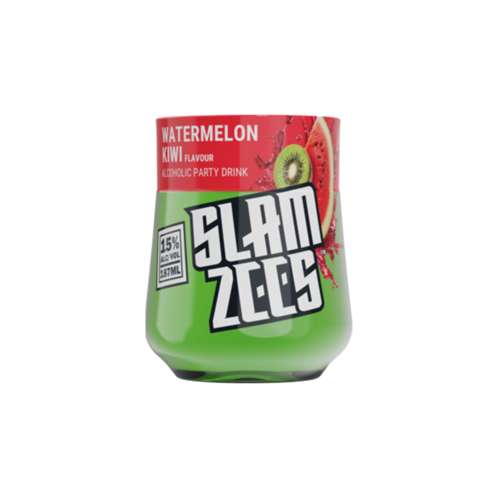 Clear plastic bottle of Slamzees Watermelon & Kiwi drink, 187ml, with a green cap and label featuring watermelon and kiwi images.