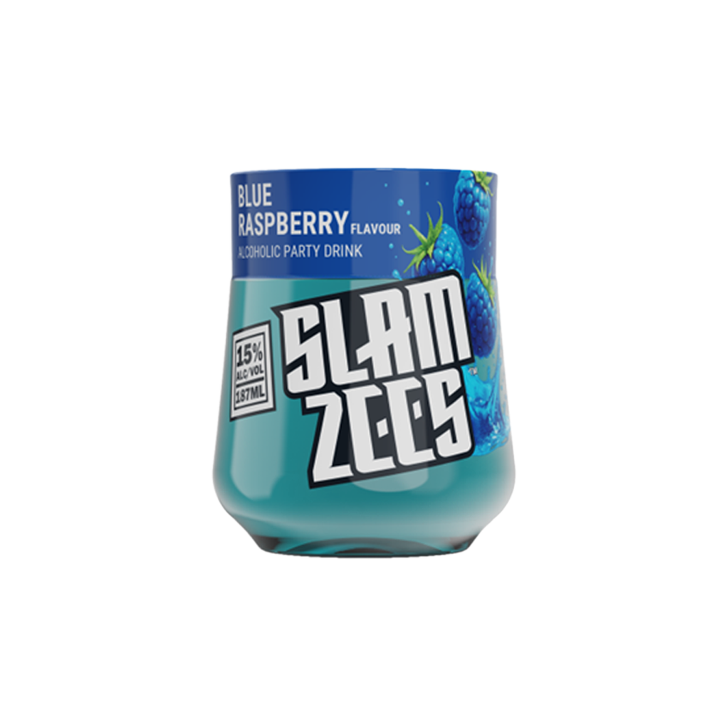 Blue Raspberry Slamzees drink bottle, 187ml, with blue liquid and a colourful label featuring raspberries and branding.