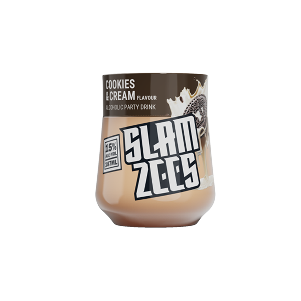 A 187ml can of Slamzees Cookies & Cream flavoured drink with a blue and white design and cookie graphics on the label.