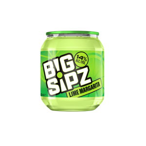 A 200ml can of Big Sipz Lime Margarita, featuring a green and white design with lime graphics and bold text.