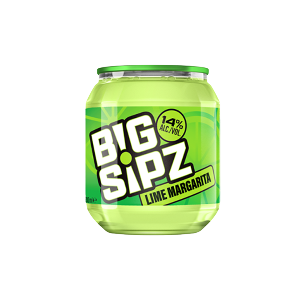 A 200ml can of Big Sipz Lime Margarita, featuring a green and white design with lime graphics and bold text.