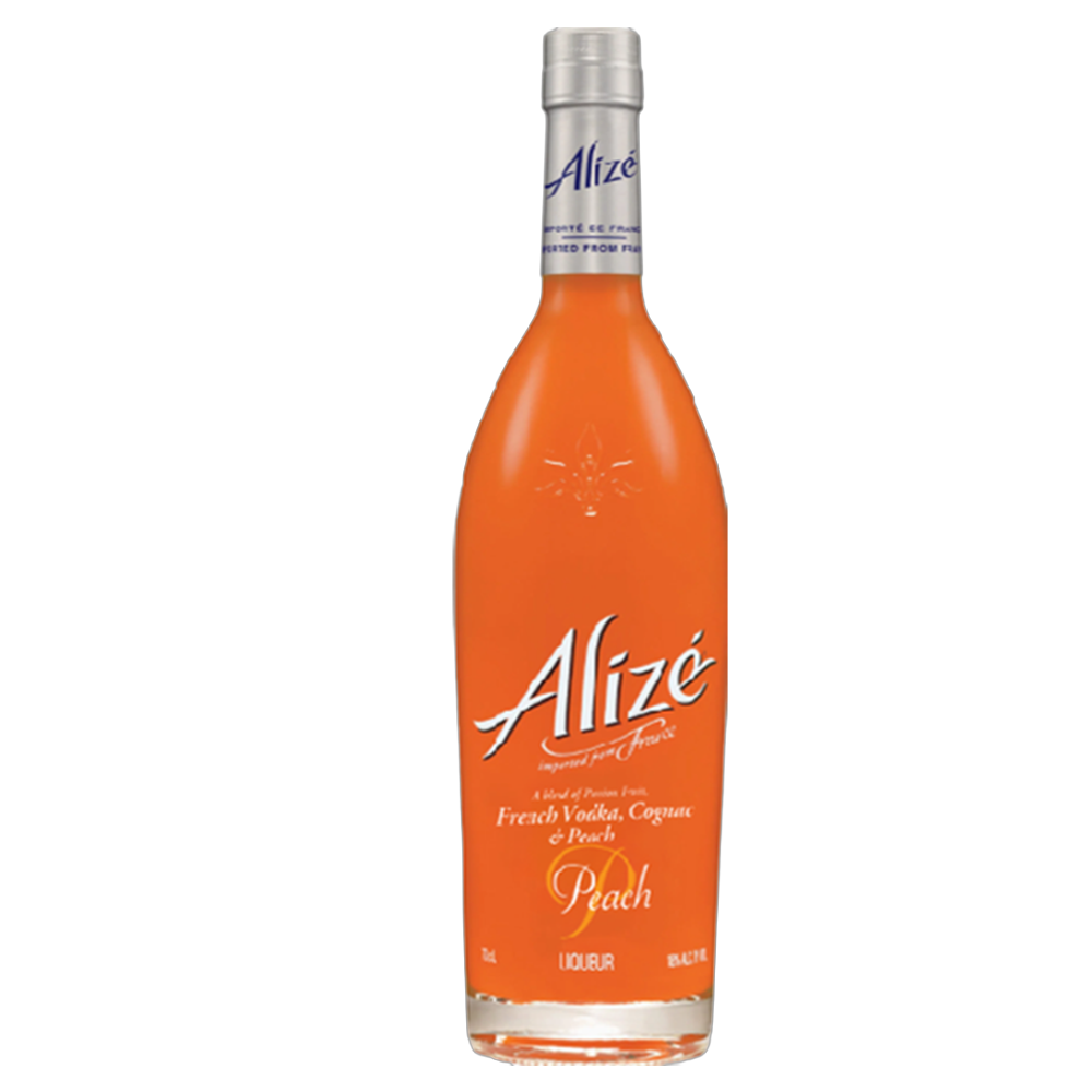 A 70cl bottle of Alize Peach liqueur with a peach-coloured label, featuring a gold cap and a clear, peach-flavoured liquid inside.