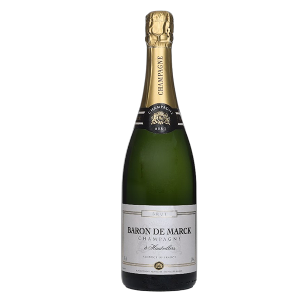 A 75cl bottle of Baron De Marck Brut Champagne with a gold foil top and a black and gold label on a white background.