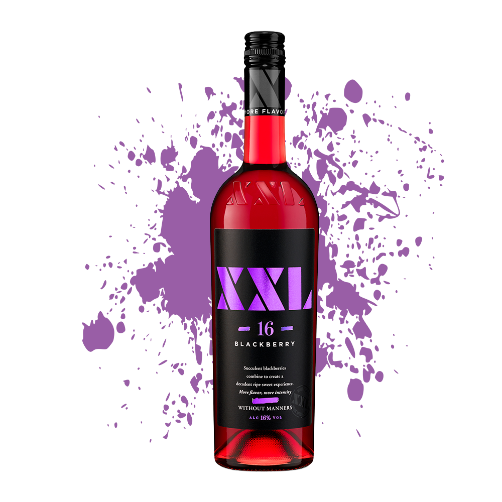 Clear glass bottle of XXL Blackberry liqueur, 75cl, with a purple label and black cap, set against a white background.
