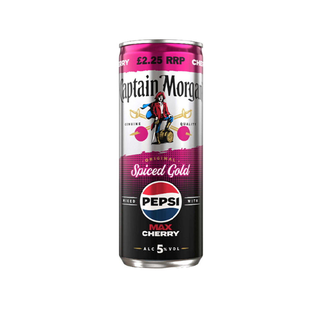 Captain Morgan and Cherry Pepsi Max cans, 250ml bottles on white background