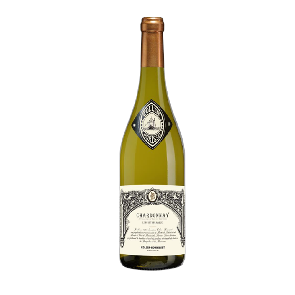 A bottle of Collin Bourisset Vin De France Chardonnay wine, 75cl, with a white label and a gold foil neck.