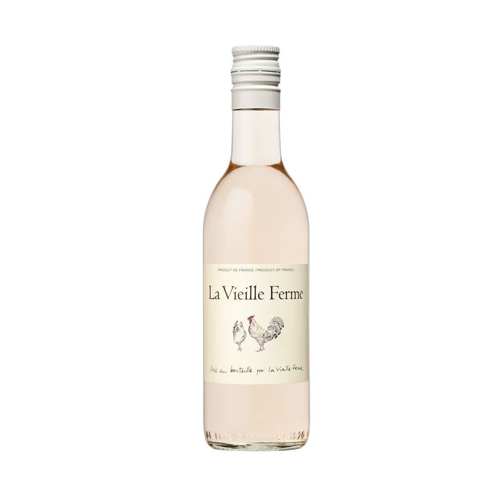 La Vieille Ferme Rosé wine bottle, 187ml miniature size, with pink label against white background