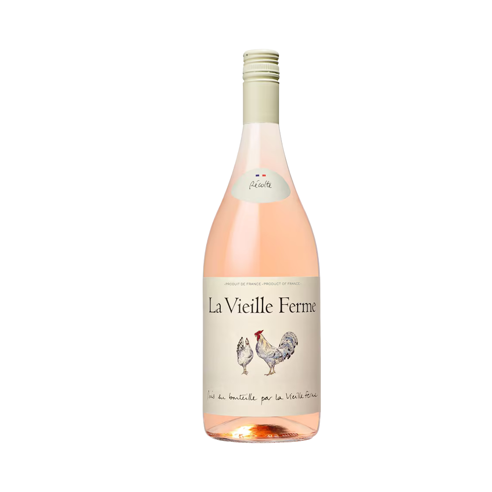 La Vieille Ferme Rosé wine bottle, 150cl magnum size, with pink label on clear glass