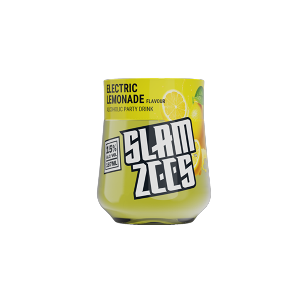 Clear glass bottle of Slamzees Electric Lemonade, 187ml, with a vibrant yellow liquid and a colourful label featuring lemons.