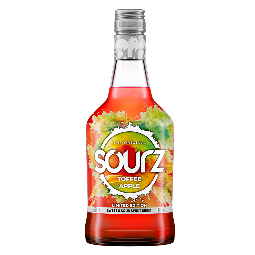 Bottle of Sourz Toffee Apple liqueur, 70cl, with a green label featuring an apple and toffee design on the front.