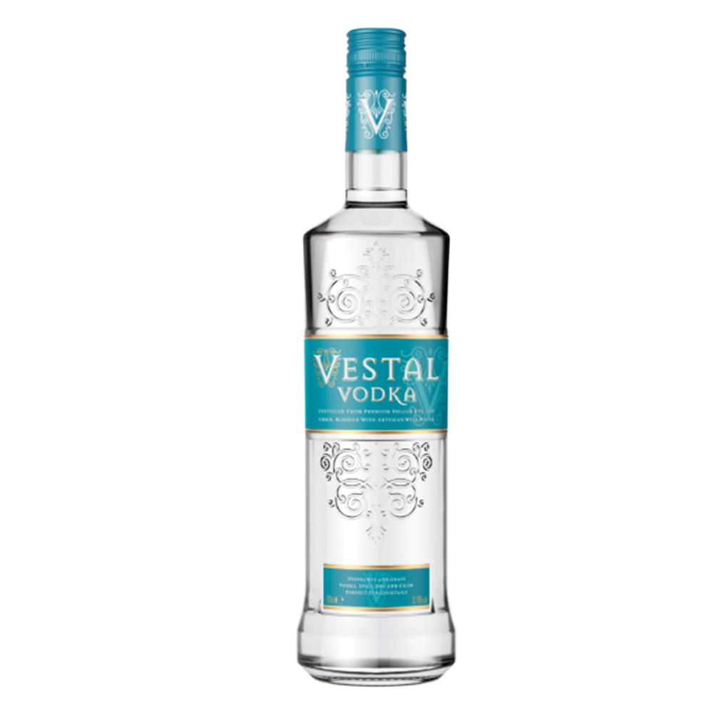 Clear glass bottle of Vestal Vodka 70cl with white label on white background