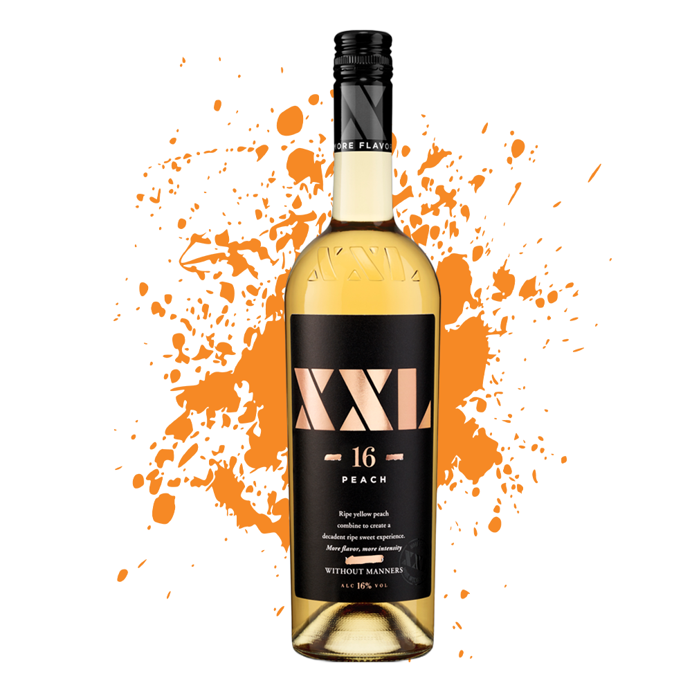 Clear glass bottle with a white label reading "XXL Peaches 75cl", filled with light orange peach-flavoured liquid.