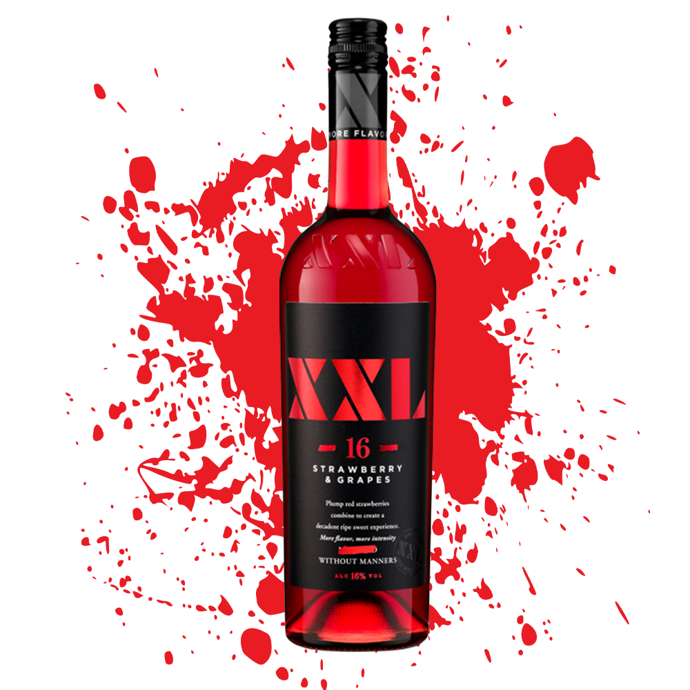Clear glass bottle labelled "XXL Strawberry & Grapes", 75cl. Filled with a pink liquid. White cap and branding.